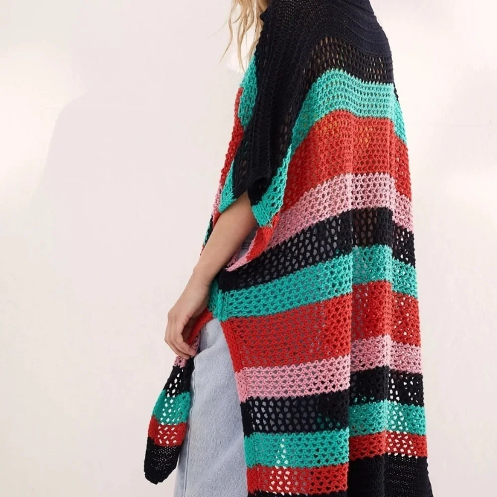 NEW Free People Bayside Stripe Black Combo Crochet Summer Beach Knit Poncho OS